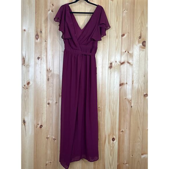 NWT Lulus Convincing Grace Burgundy Flutter Sleeve Wrap Maxi Dress Wedding Sz L - Picture 2 of 8